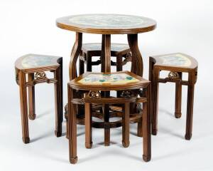 Chinese rosewood circular table & 4 matching stools with insert porcelain tops, 20th century. Table diameter 68cm