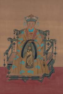 Pair of Chinese ancestor portrait paintings on silk. each 99 x 140cm.