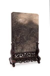 Chinese carved jade table screen on wooden base, 19th century, Qing dynasty.