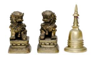 Pair of brass foo dog statues (14cm) & brass Stupa bell (16cm).