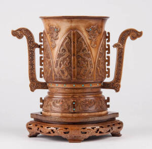 Carved ivory tusk vase encrusted with coral & turquoise.&nbsp;