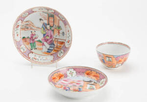 Chinese Canton ware tea bowl, saucer & dish, mid 19th century.