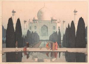 HIROSHI YOSHIDA (Japan), "Morning Mist in Taj Mahal no.5" woodblock print. 53 x 38cm