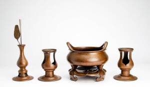 Chinese bronze pot on stand, pair of 2 piece burner, utensils & 2 piece pot, 20th century. (11 items)