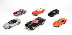 Franklin Mint 1:24 scale models: 1964½ Ford Mustang; 1967 Corvette Sting Ray cutaway; 1969 Corvette Sting ray; 1998 Corvette; 1998 Porsche 911. Also, a 1:18 scale 1967 Corvette (new, in box), (6 cars).