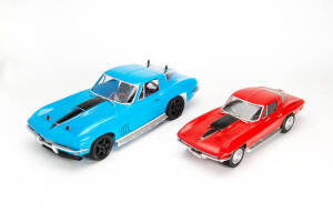 1958 Corvette 1:12 scale die-cast replica in turquoise blue with white side inserts and black interior; opening hood, trunk and doors. Also, 3 later Corvette models (one motorized) of similar scale. (4 items) 