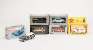 TRAX: 1:43 scale models in boxes: Holden FX Sedan gold plated; Holden 48/215; FJ Holden "Vegemite" Van; HZ Holden Panel Van (NRMA); FJ Holden Utility; Holden EH Sedan (Heldon Motors). (6 cars).