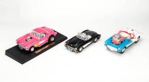 A small group of 1:18 scale Corvette models, including one converted to a phone; also, a 1961 Mako Shark (new, in box) by Motor Max. (6 items).