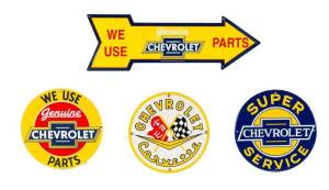Two Chevrolet reproduction enamelled signs, 28.5cm & 30cm diameter, with two pressed tin Chevrolet advertising signs 
