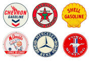 A Shell Gasoline shaped enamel sign 30cm high, with a McDonald&rsquo;s circular enamelled signed 30cm diameter, and four other circular pressed tin signs &nbsp;