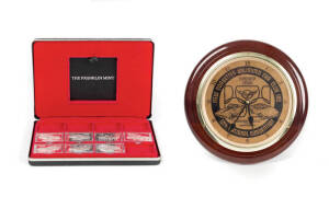 A group of Franklin Mint collectable items including ‘The greatest Corvettes of all times’ silver ingots and Corvette pocket watch.  Accompanied by two Corvette wrist watches and wall clock