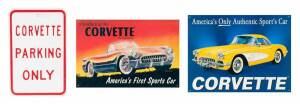 Six Corvette reproduction tin plate advertising signs, the largest 40.5cm h x 31.5cm w, and a pressed tin ‘Corvette Parking Only’ sign 45.5cm h x 30cm w