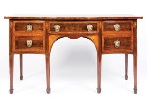 A George III mahogany Sheraton serpentine fronted sideboard, English c1780, with satinwood cross-banding on square tapered legs, 93cm high, 171cm wide and 73cm deep, Provenance: Private Collection, Melbourne