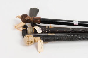 WALKING STICKS: Group of 5 vintage & antique walking sticks, mainly ebony & horn.