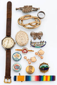 A collection of assorted jewellery including 9ct gold tie pins, silver Victorian locket, wristwatches, medals, etc.&nbsp;