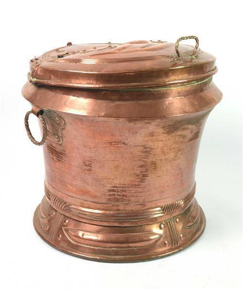 A large copper covered log bin with hinged cover French, 19th century