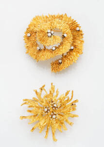 Two brooches of freeform, textured finish and set with round brilliant cut diamonds. And a redstone set dragon ring. 18ct yellow gold. Weight 37.30 grams.&nbsp;