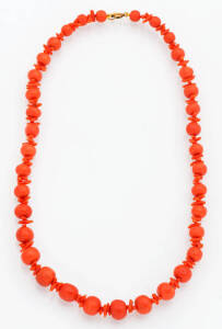 A graduated coral bead necklace. Length 42cm.