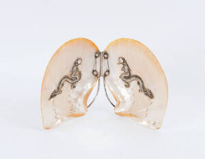 Chinese pearl shell ornament with applied silver dragons, early 20th century. Height 18cm, width 27cm&nbsp;