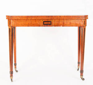 A George III calamander cross banded and inlaid fold-over card table, English c1800. 74cm high, 90cm wide and 44cm deep closed