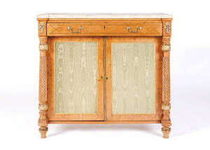 A Regency brass inlaid satinwood chiffonier with marble top, English c1815, with gilt bronze handles & masks, 90cm high, 101cm wide, 50cm deep. Provenance: Private Collection, Melbourne