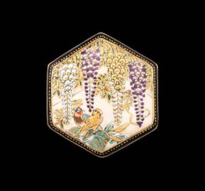 Two boxed stick pins and two yellow gold medallions and a Satsuma brooch.
