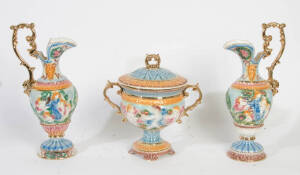 Italian porcelain lidded urn (30cm) & matching pair of ewers (39cm), mid 20th century. (3 items)