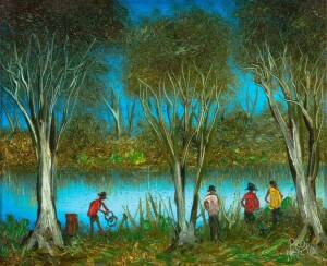 KEVIN CHARLES (PRO) HART (1928-2006), The Yabby Catchers, oil on board, signed 'PRO HART' lower right, 24 x 28.5 cm