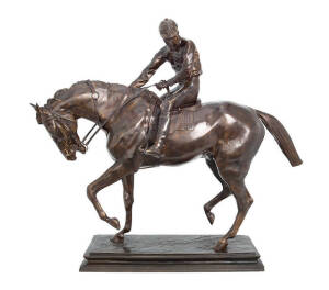 BRONZE HORSE & JOCKEY SCULPTURE, after Isidore Jules Bonheur (French, 1827-1901), bronze sculpture "Le Grande Jockey", rider and winning mount, 92cm tall. Good condition.