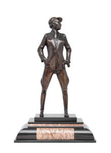 BRONZE EQUESTRIAN WOMAN SCULPTURE, after Bruno Zach (Austria, 1891-1935), bronze sculpture, on art deco marble base, 50cm tall. Good condition.