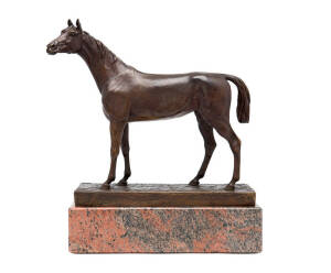 BRONZE HORSE SCULPTURE, after Jules Moigniez (French, 1835-94), bronze sculpture of horse, signed on base, on marble plinth, 41cm tall. Good condition.