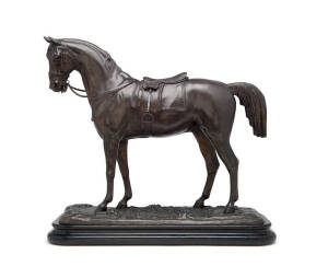 BRONZE HORSE SCULPTURE, attributed to John Willis Good (English, 1845-79), bronze sculpture "Hunter", on timber plinth, 55cm tall. Good condition.