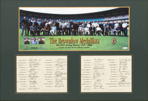"THE BROWNLOW MEDALLISTS", display with signatures of 49 Brownlow medallists including Dick Reynolds, Keith Greig, Ian Stewart & Robert Harvey; window mounted with group photograph, framed and glazed, overall 93x65cm.
