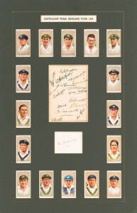 1934 AUSTRALIAN TEAM, display comprising autograph page with 16 signatures including Bill Woodfull, Bert Oldfield, Clarrie Grimmett & Bill O'Reilly; plus piece signed by Don Bradman; window mounted with 16 cigarette cards from Players "Cricketers 1934", o