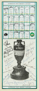 "AUSTRALIAN TEST CRICKET CAPTAINS", display with signatures of Australia's 22 captains from Don Bradman to Ricky Ponting, including Lindsay Hassett, Ray Lindwall & Richie Benaud, window mounted, framed & glazed. overall 31x55cm.