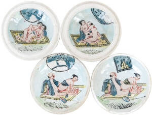 EROTICA: A pair of small chinese dishes with erotic scenes in the bowls and under the lids. Hand painted, signed to bottom. In lovely condition, no cracks or dings, with good age wear.