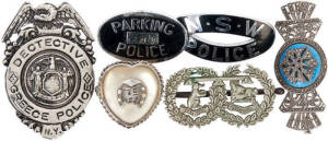 BADGES & PINS: "N.S.W. Police" badge; NSW "Parking Police" badge; "Detective/ Greek Police" badge; Argyll and Sutherland Highlanders badge; mother of pearl and sterling silver heart-shaped badge; exquisite marcasite and blue enamel pin.