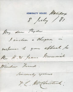 ADMIRAL SIR FRANCIS McCLINTOCK (1819-1907, Irish explorer known for his discoveries in the Canadian Arctic, and led the 1857 search for the lost Franklin Expedition), signature on hand-written letter dated 8 July 1881 on "Admiralty House" letterhead.