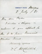 ADMIRAL SIR FRANCIS McCLINTOCK (1819-1907, Irish explorer known for his discoveries in the Canadian Arctic, and led the 1857 search for the lost Franklin Expedition), signature on hand-written letter dated 8 July 1881 on "Admiralty House" letterhead.