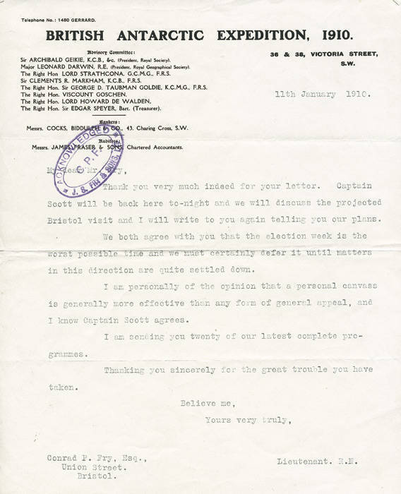 1910 (Jan.11) letter from EDWARD EVANS on "BRITISH ANTARCTIC EXPEDITION, 1910" letterhead, to Conrad P. Fry (of J.S. Fry & Sons, who were to supply the Expedition with chocolate & cocoa). Evans informs him of the plans for Scott and himself to visit Brist