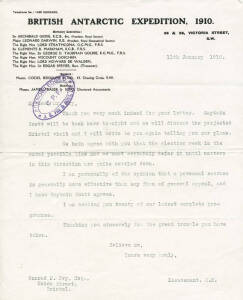 1910 (Jan.11) letter from EDWARD EVANS on "BRITISH ANTARCTIC EXPEDITION, 1910" letterhead, to Conrad P. Fry (of J.S. Fry & Sons, who were to supply the Expedition with chocolate & cocoa). Evans informs him of the plans for Scott and himself to visit Brist