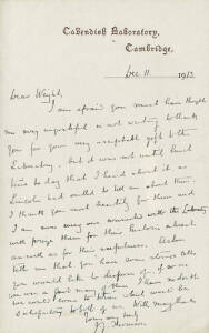 1913 (Dec.11) autographed letter to "Silas" Wright from J.J. Thomson on "Cavendish Laboratory, Cambridge" letterhead, thanking Wright for a gift to the Laboratory of equipment that had been used during the scientific experiments in the Antarctic. In 1906 