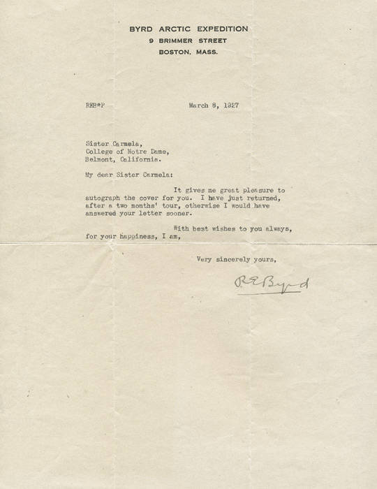 1927 (Mar.3) autographed letter from RICHARD E. BYRD on "BYRD ARCTIC EXPEDITION" letterhead, responding to a request for an autograph; together with the original envelope in which the letter was sent from Boston.