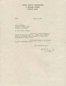 1927 (Mar.3) autographed letter from RICHARD E. BYRD on "BYRD ARCTIC EXPEDITION" letterhead, responding to a request for an autograph; together with the original envelope in which the letter was sent from Boston.