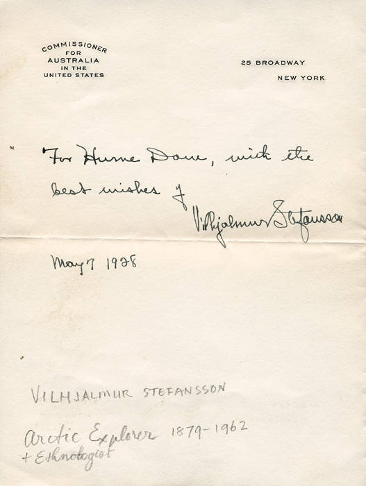 VILHJALMUR STEFANSSON (1879-1962, Canadian Arctic explorer and ethnologist), signature on letter dated New York 1928.