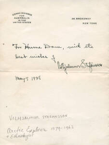 VILHJALMUR STEFANSSON (1879-1962, Canadian Arctic explorer and ethnologist), signature on letter dated New York 1928.