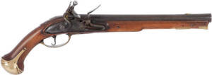 CAPTAIN COOK'S PISTOL: An early 18th Century Continental Flintlock holster pistol, the lock signed #Corbau-A-Maastricht# with plain 13 bore barrel, brass fore-sight, spurred brass pommel (minor damage to spur tips), brass trigger guard, replacement ramrod