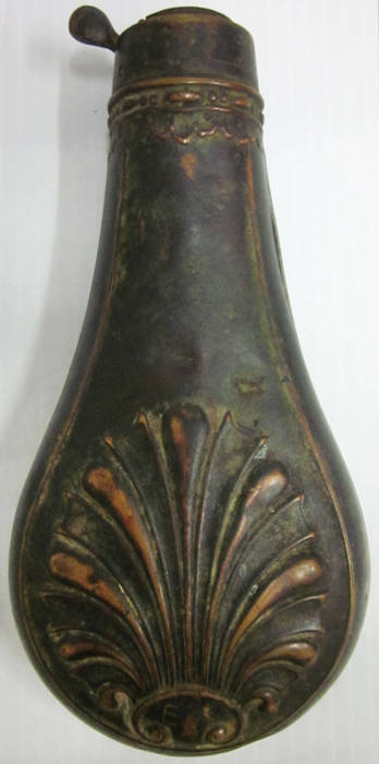 GUNPOWDER FLASK, decorated with shell and bush design (Riling 367), missing spring and stopper. Initials "EK" have been scratched at base recently.