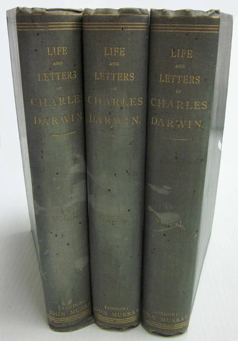 "The Life and Letters of Charles Darwin" in 3 Volumes by Francis Darwin [London, 1888]. Publisher's cloth, slightly sunned, otherwise a very good copy.
