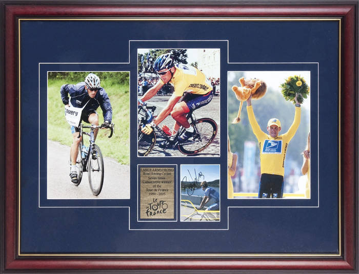 LANCE ARMSTRONG, display with signed photograph, window mounted with 3 other photographs, framed & glazed, overall 84x64cm.